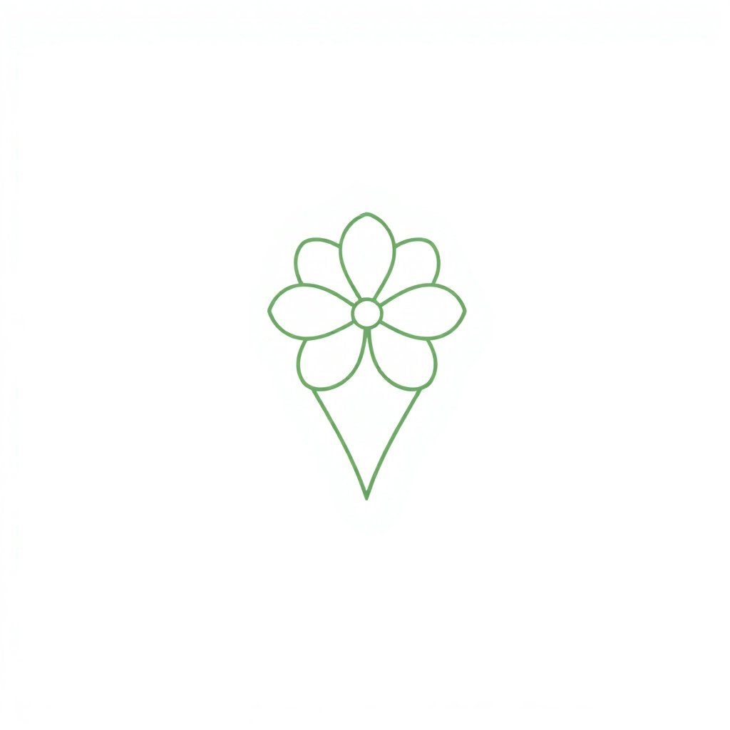 Minimalist line art illustration of a flower-shaped map pin, elegant, sage green color, vector style, white background.