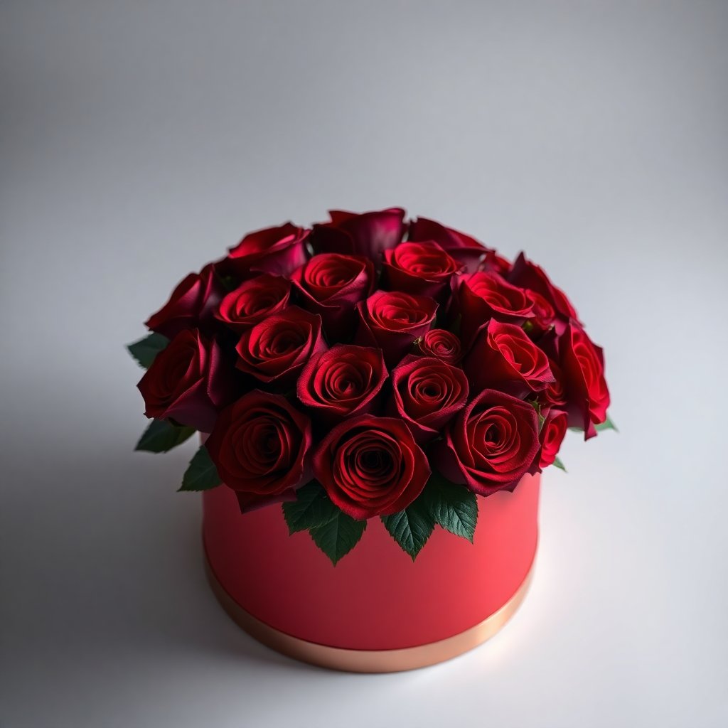 Luxury rose box with deep red roses, elegant flower arrangement, professional studio lighting, high quality, minimalist background