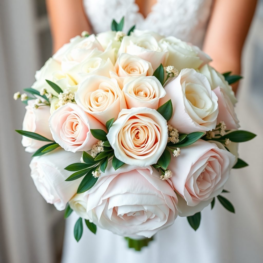 Elegant white wedding bouquet with roses and peonies, professional wedding photography, luxury style, high quality, close up