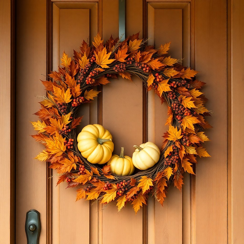 Beautiful autumn door wreath made of dry leaves, berries and pumpkins, rustic professional photography, high quality, warm colors