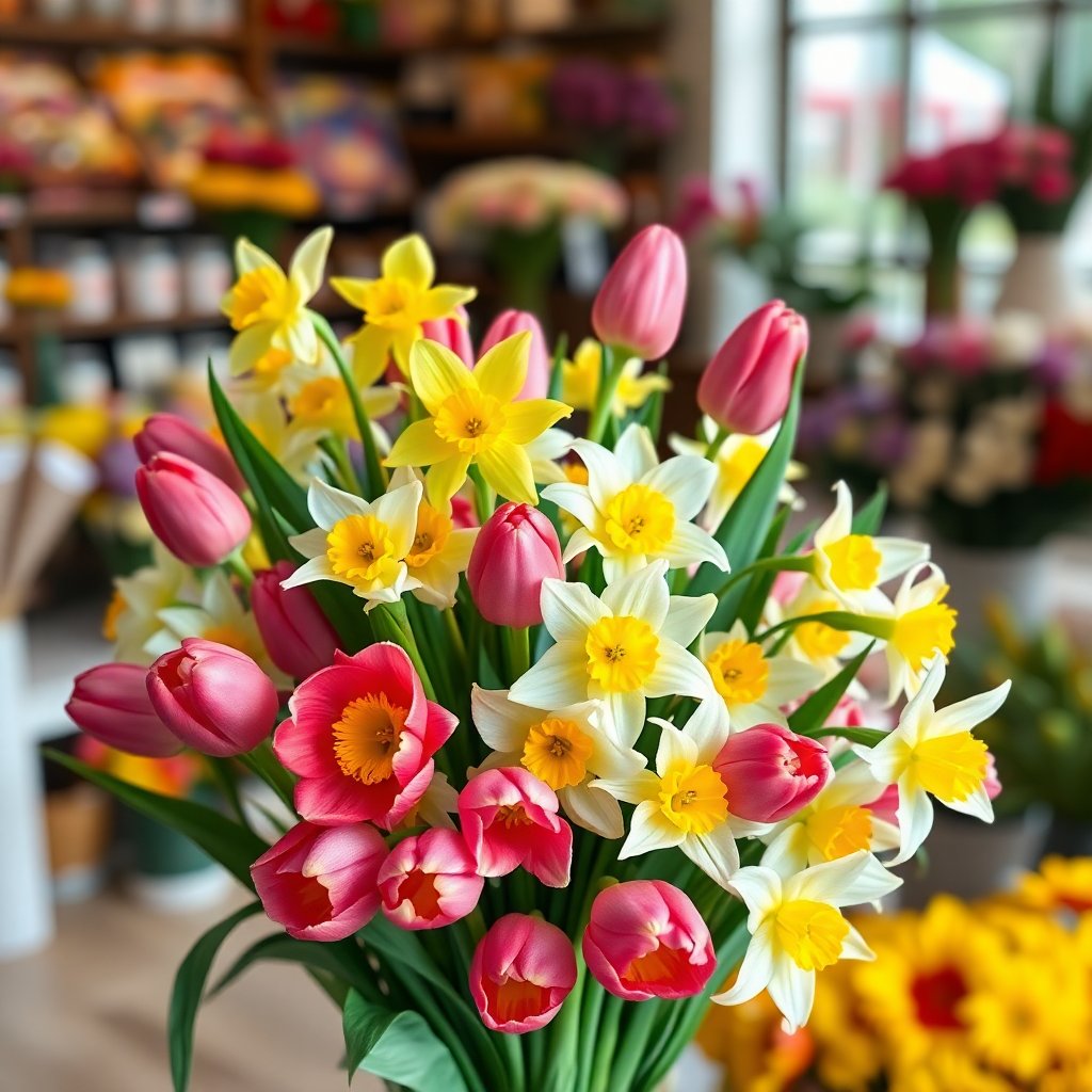 Professional photography of a colorful spring bouquet with tulips and daffodils, soft natural lighting, florist shop background, high quality, artistic composition
