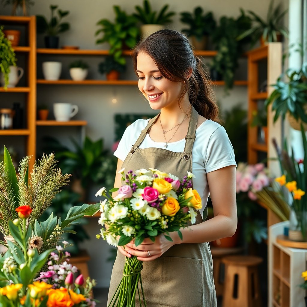 Friendly female florist with an apron arranging a bouquet in a cozy boutique flower shop, interior with plants and wooden shelves, warm natural lighting, realistic